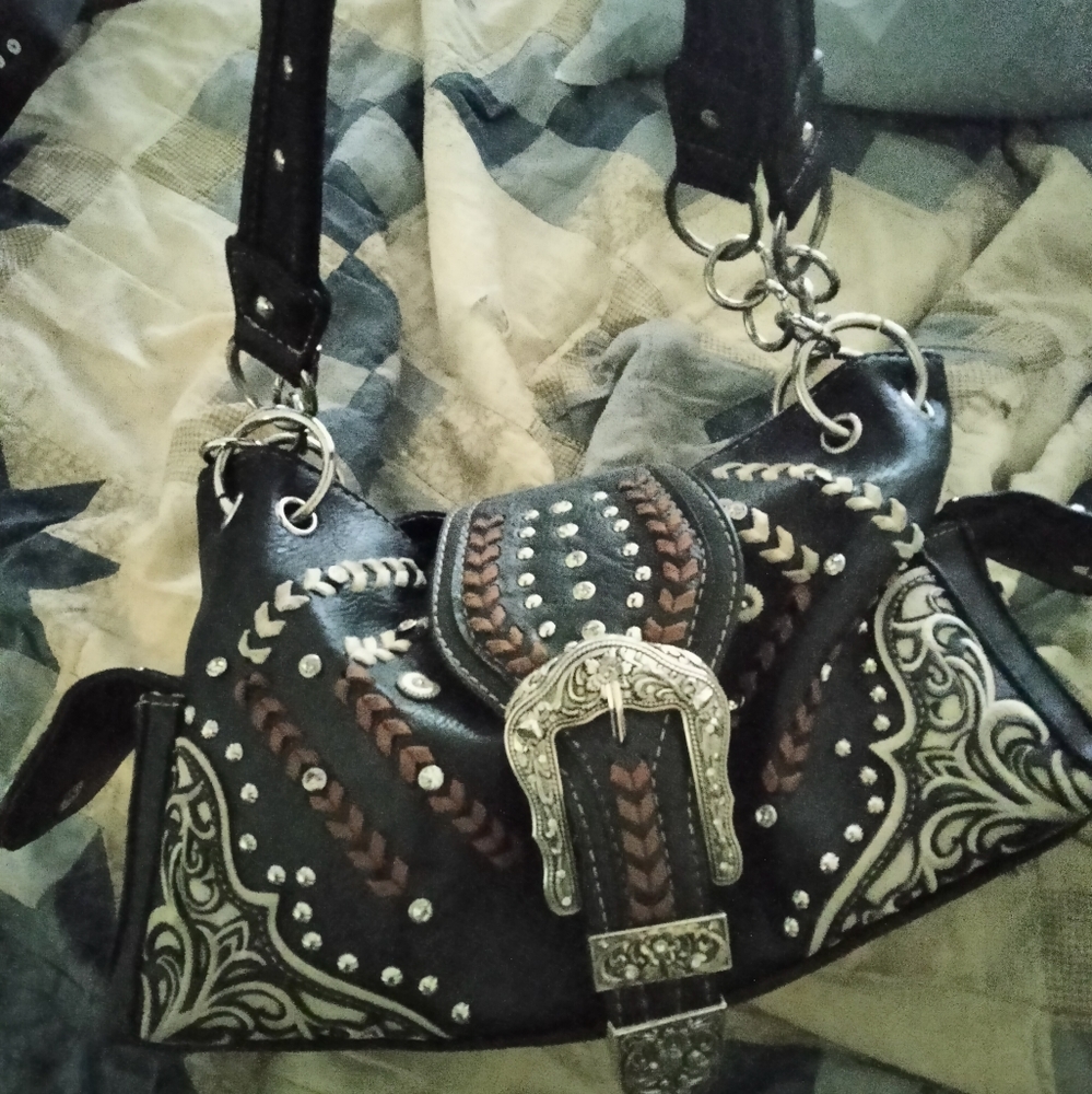 Black, over the shoulder leather purse.